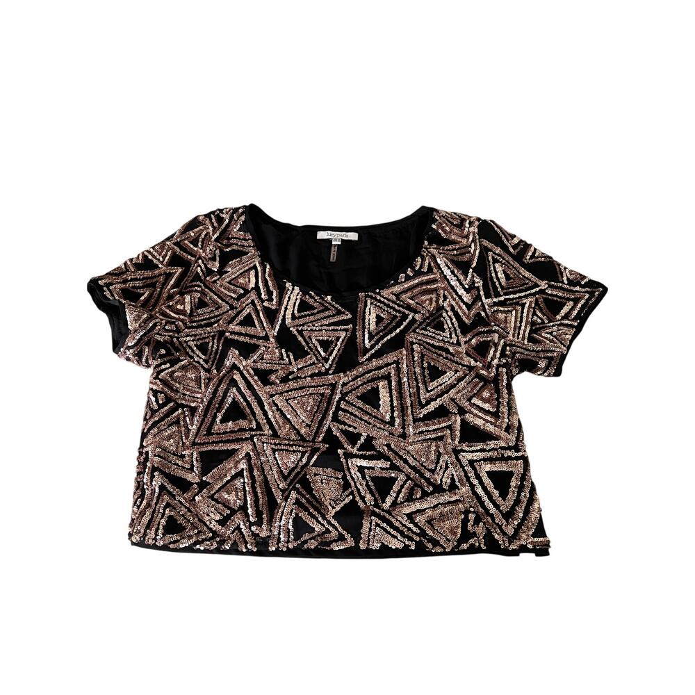 Lucy Paris Black & Bronze Sequin Cropped Top Blouse Size Medium Holiday Party